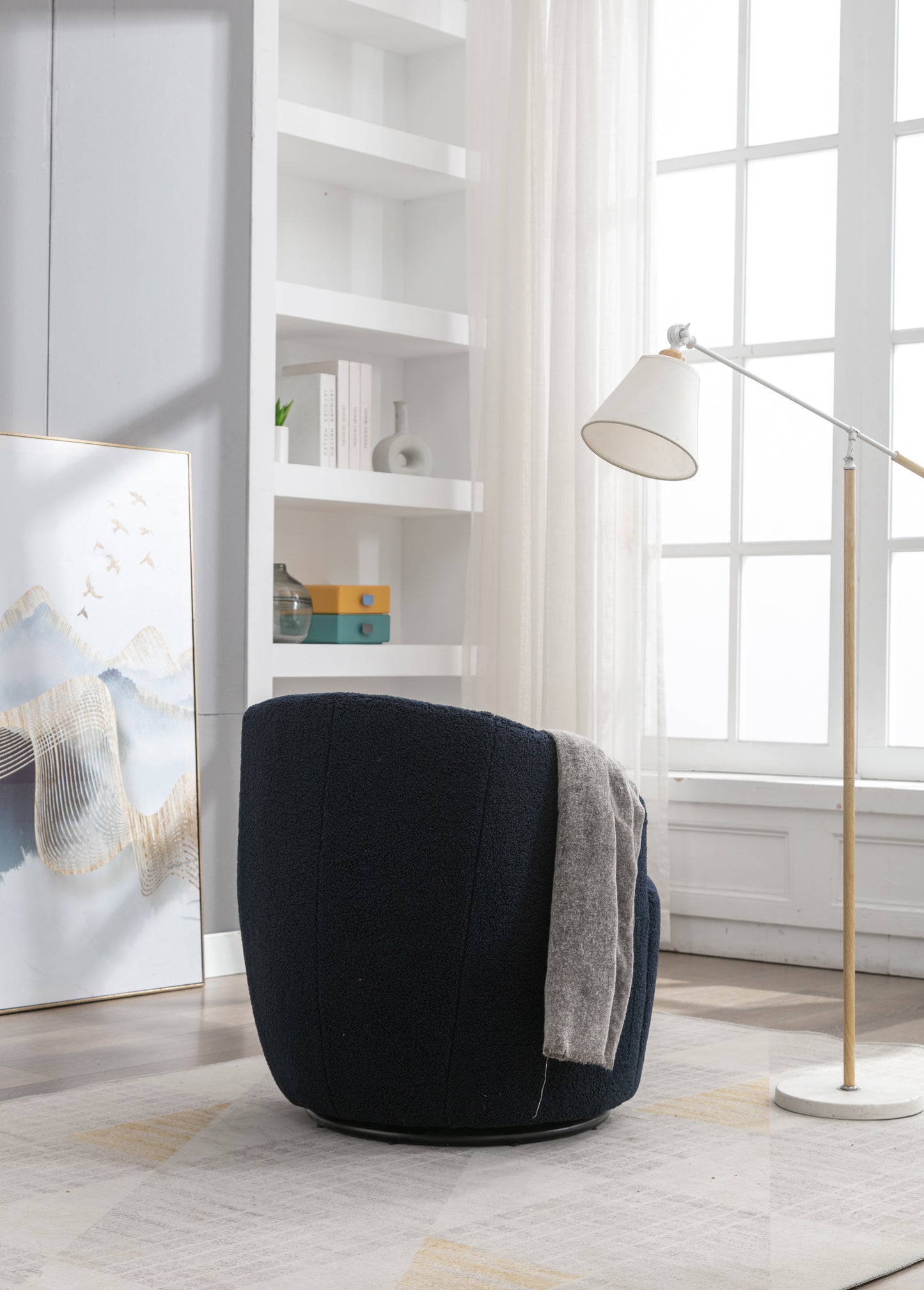 Teddy Fabric Swivel Accent Armchair Barrel Chair With Black Powder Coating Metal Ring Dark Blue - LaTezza Online Shop
