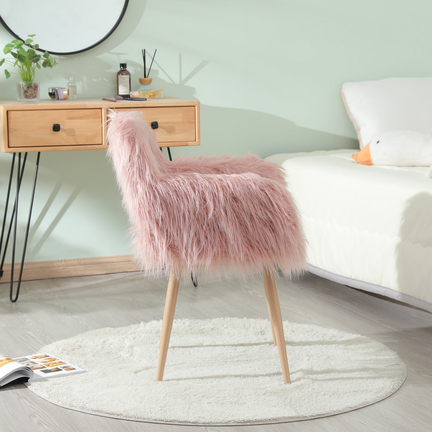 PINK Faux Fur Upholstered Make up chair Side Dining Chair with Metal Leg(PINK+Beech Metal Leg) - LaTezza Online Shop