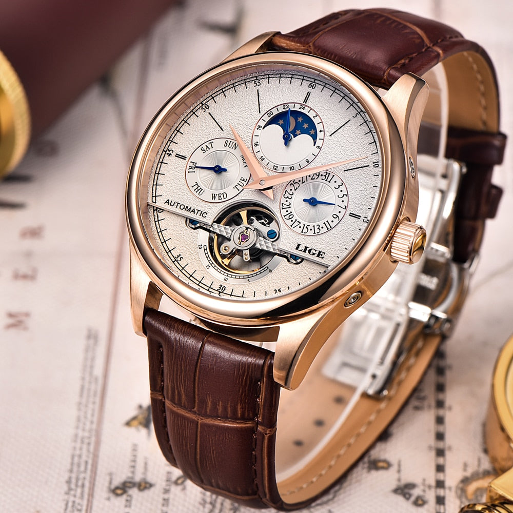 LIGE Brand Men's Watches Automatic Mechanical Tourbillon Leather Band