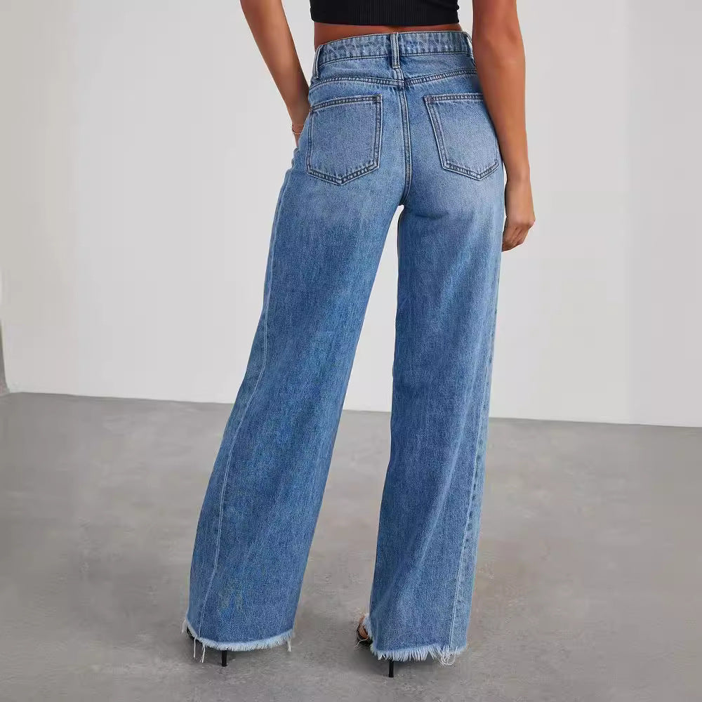 Loose wide leg side seam splicing, brushed hem denim jeans for women - LaTezza Online Shop