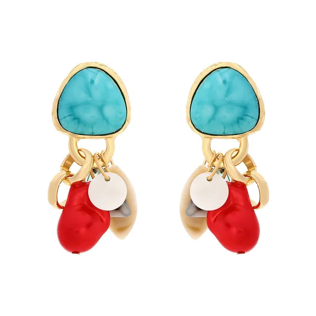 Retro ethnic style turquoise shell tassel earrings European and American imitation gemstone earrings - LaTezza Online Shop