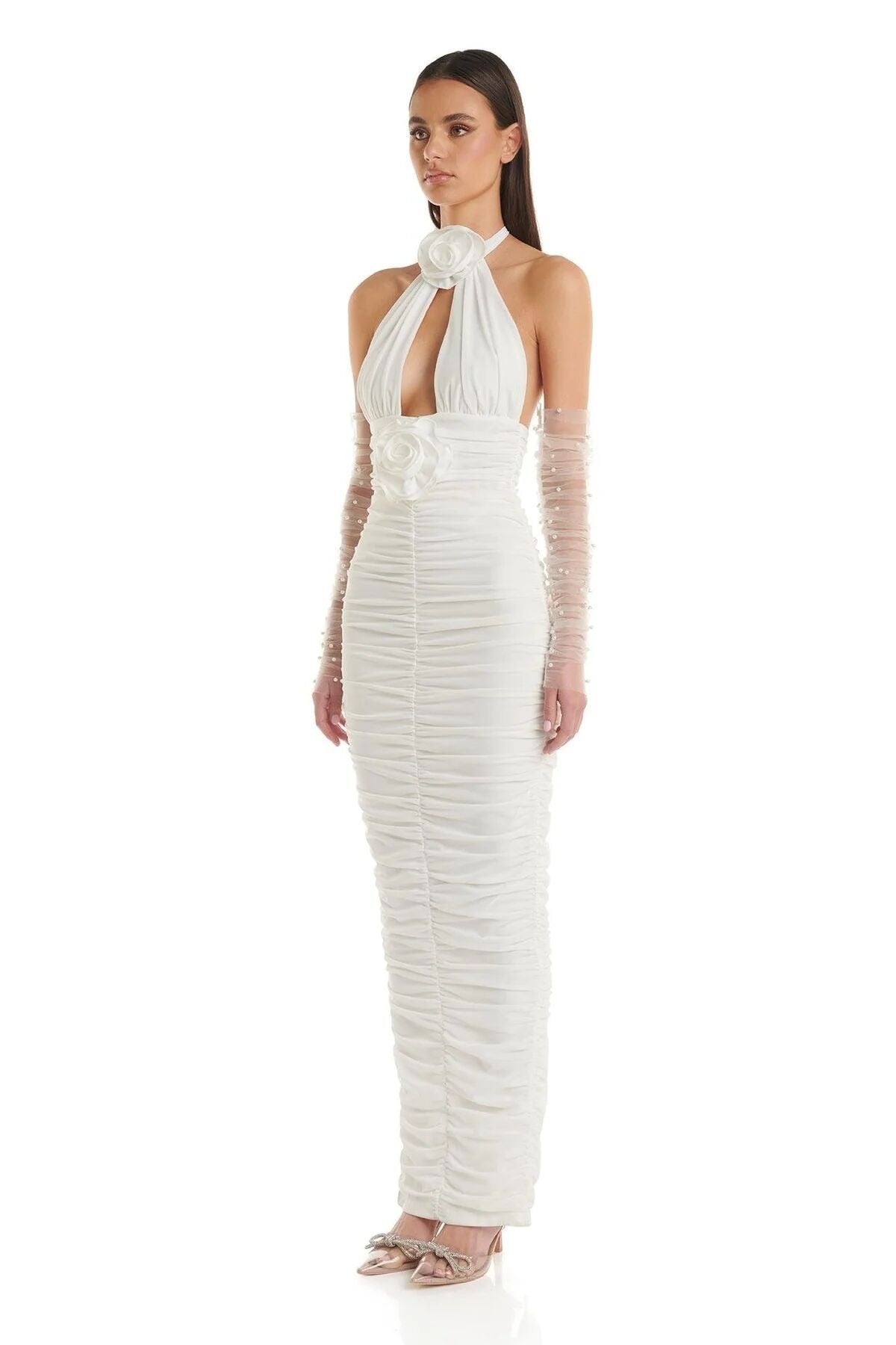 White Halter backless tight fitting flower accent bandage wrapped long dress - LaTezza Online Shop