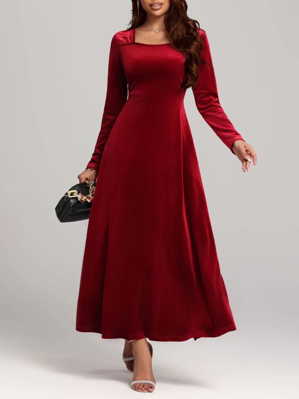 Square Neck Long Sleeve Velvet Dress - LaTezza Online Shop