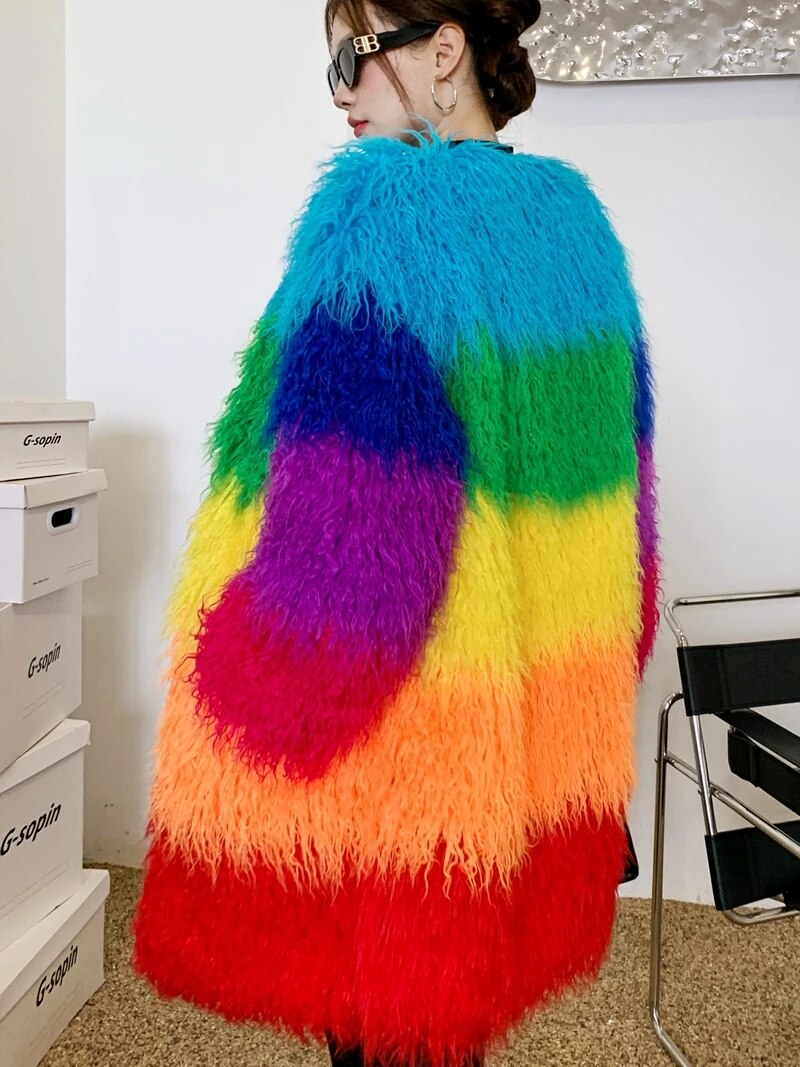 Rainbow Winter Faux Fur Coat Loose Splicing Contrast Color Long Jacket Shaggy Outerwear