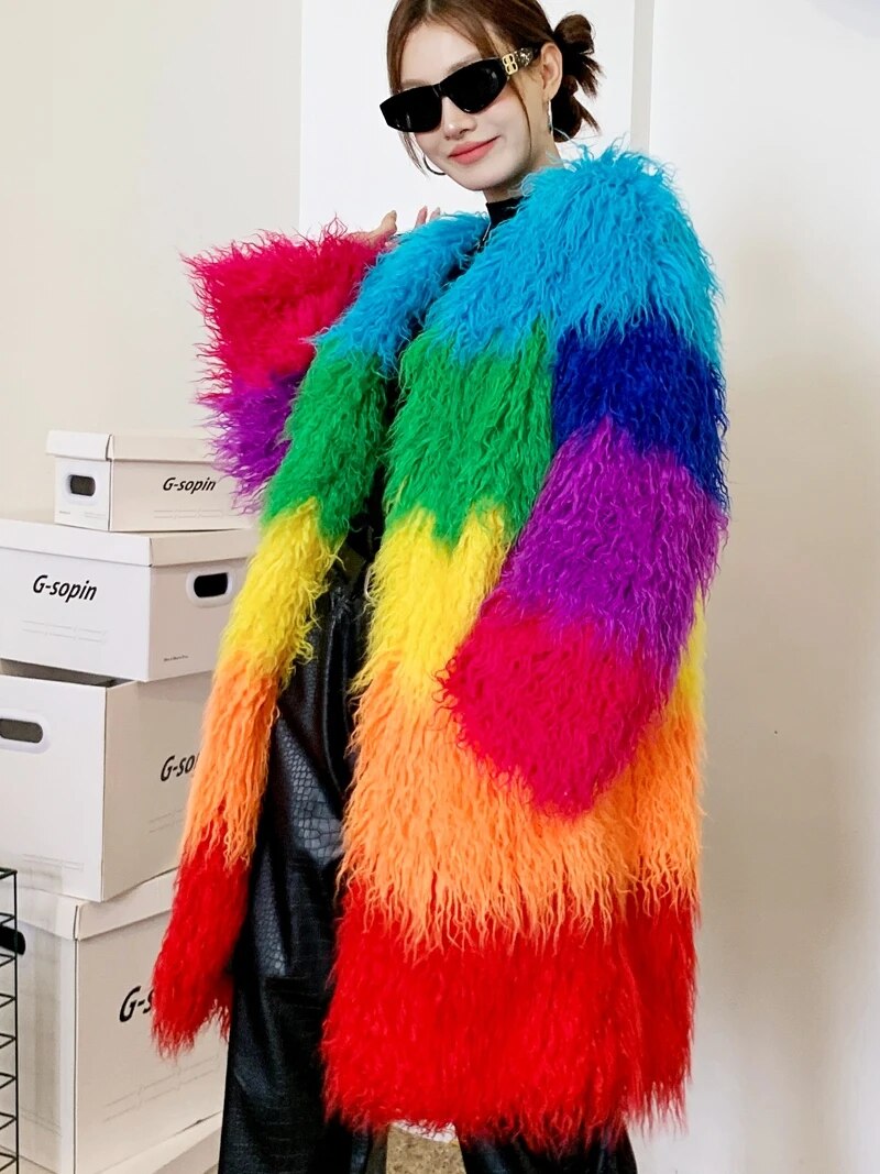 Rainbow Winter Faux Fur Coat Loose Splicing Contrast Color Long Jacket Shaggy Outerwear