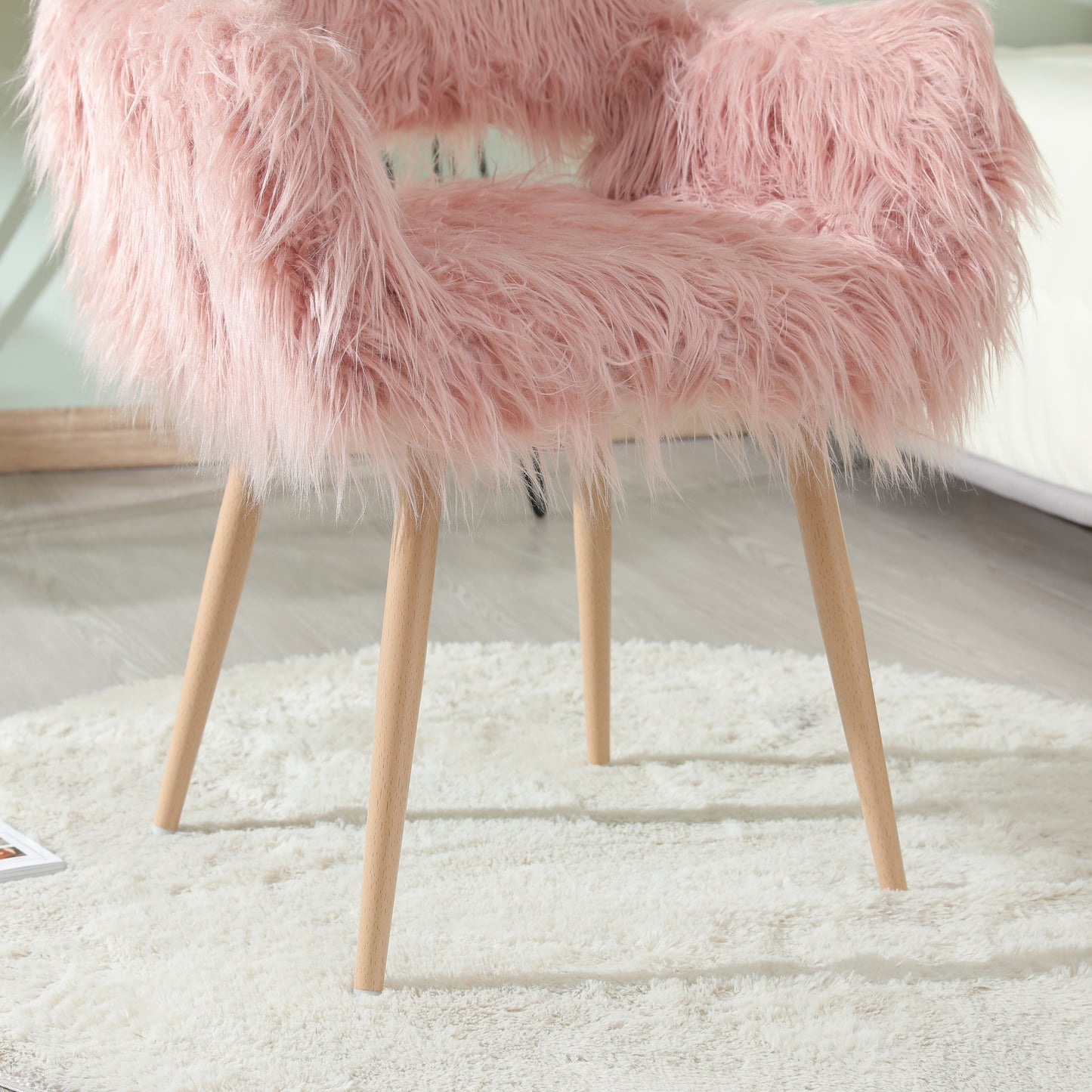 PINK Faux Fur Upholstered Make up chair Side Dining Chair with Metal Leg(PINK+Beech Metal Leg) - LaTezza Online Shop