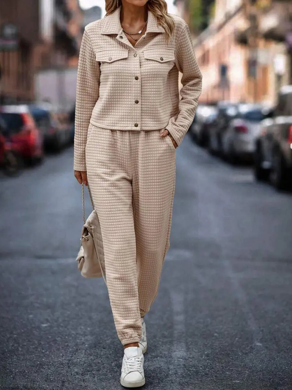 Plaid Texture Snap Down Top and Pants Set - LaTezza Online Shop
