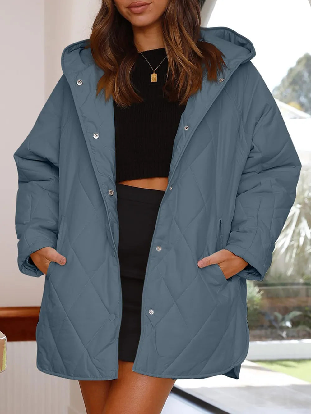 Slit Snap Down Long Sleeve Hooded Jacket - LaTezza Online Shop