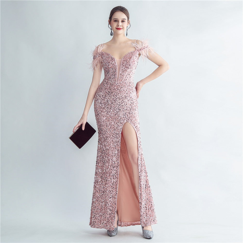 Evening gown ostrich feather tie rope corset sequined mermaid shaped - LaTezza Online Shop