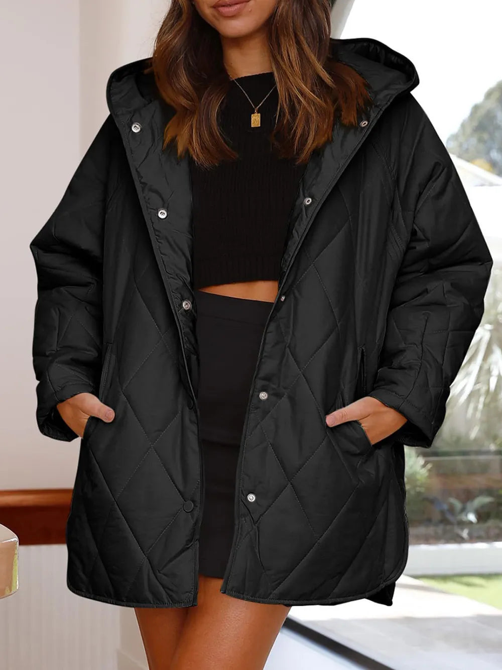 Slit Snap Down Long Sleeve Hooded Jacket - LaTezza Online Shop
