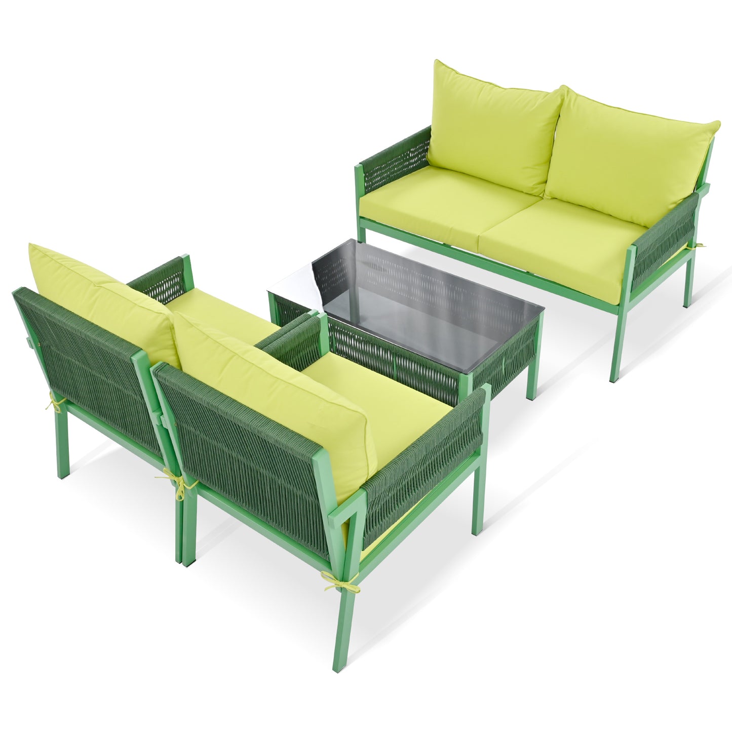 Outdoor Furniture with Tempered Glass Table, Set Deep Seating with Thick Cushion (Fluorescent Yellow & Green) - LaTezza Online Shop