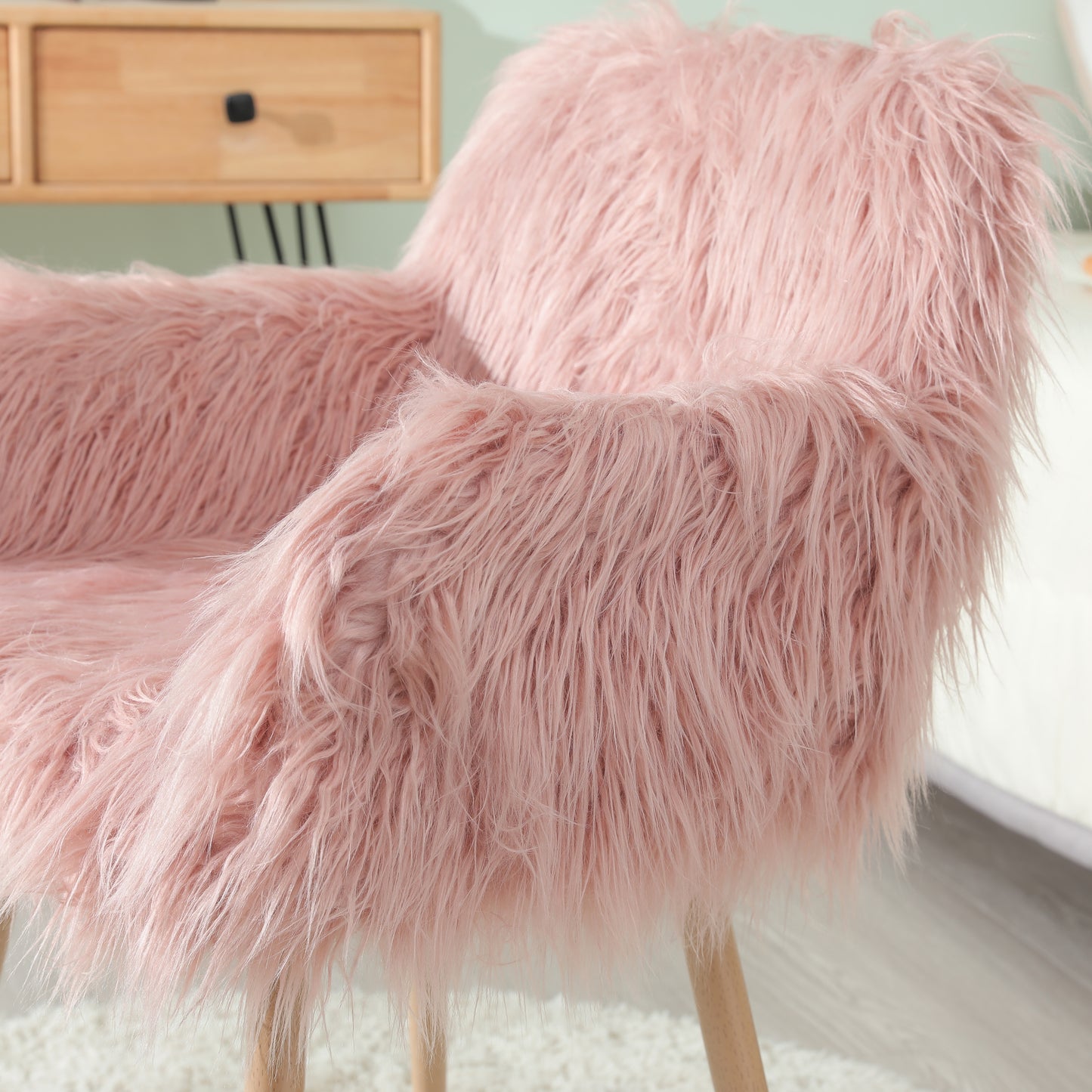 PINK Faux Fur Upholstered Make up chair Side Dining Chair with Metal Leg(PINK+Beech Metal Leg) - LaTezza Online Shop