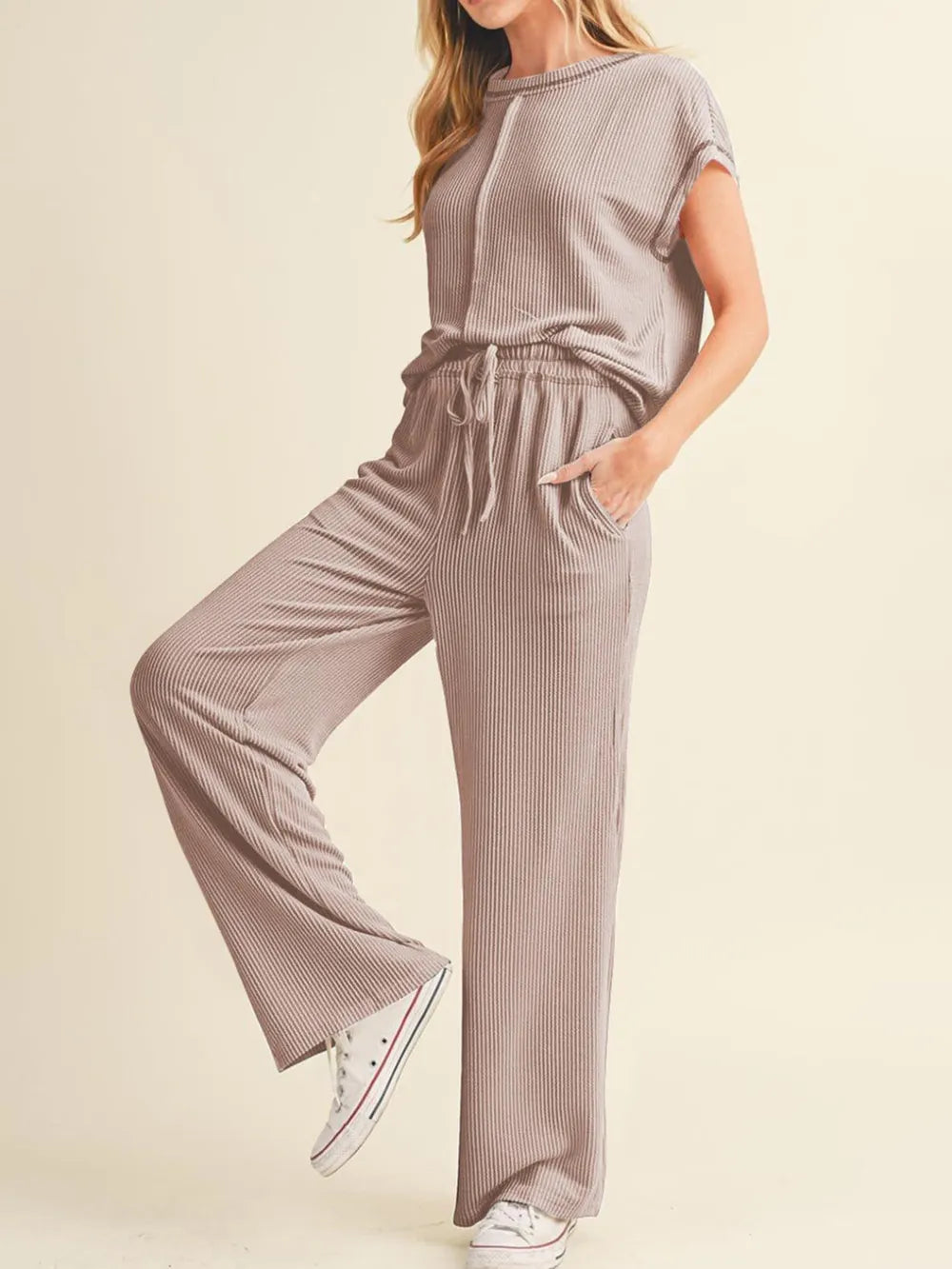 Ribbed Exposed Seam Top and Pants Set - LaTezza Online Shop