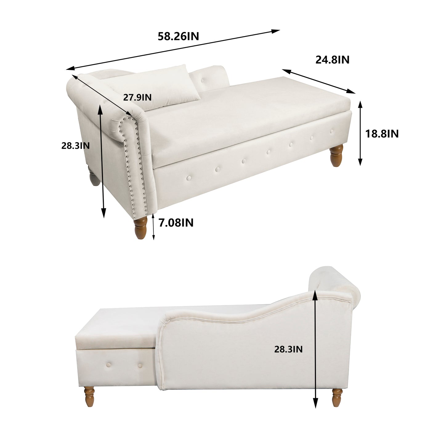 Beige Chaise Lounge Indoor Velvet Lounge Chair for Bedroom with Storage & Pillow Modern Upholstered Rolled Arm Chase Lounge - LaTezza Online Shop