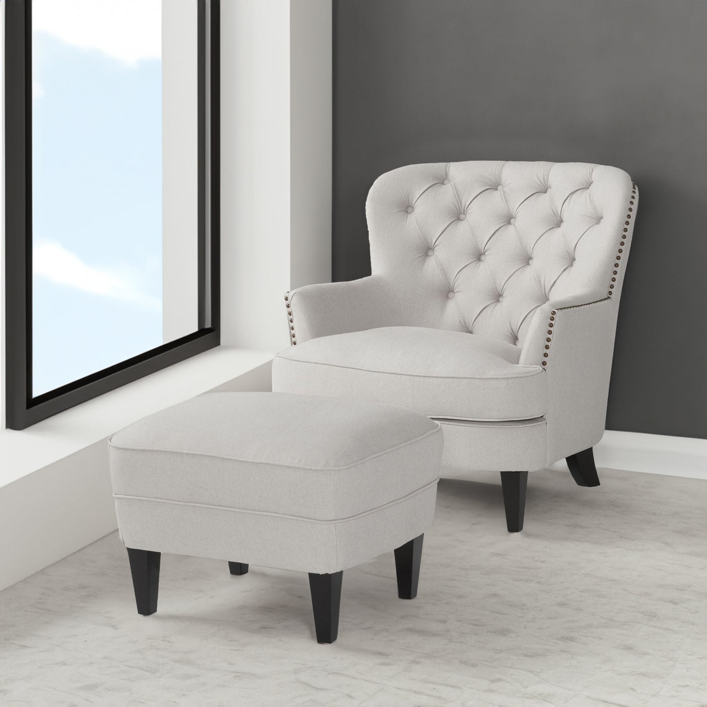 Arm Chair with Ottoman Modern light grey tufted fabric club chair and Ottoman set, stylish cushioned armchair - LaTezza Online Shop