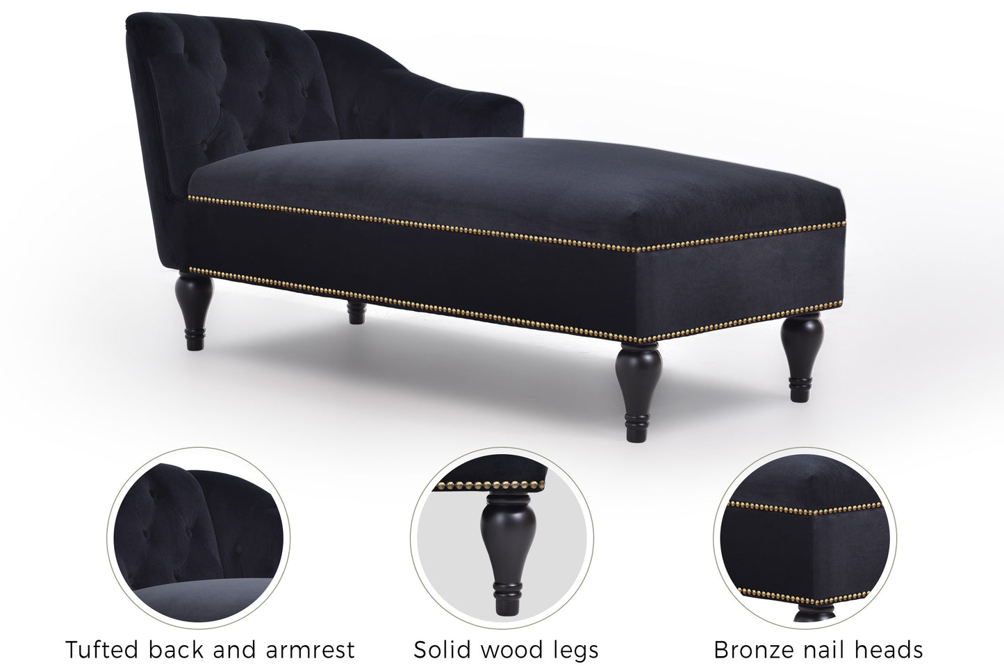58 inch velvet lounge chair, button cluster right arm lounge chair with nail head decoration and solid wood legs - LaTezza Online Shop