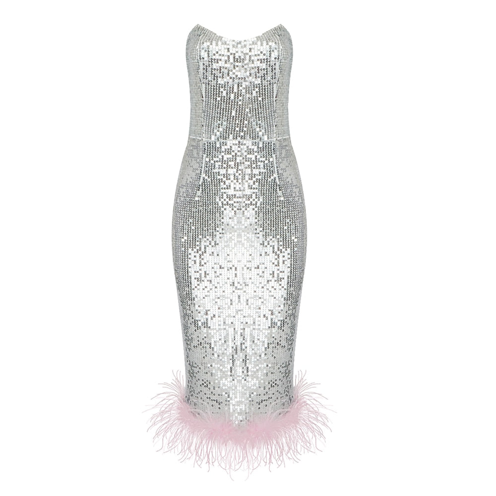 Birthday Party Dress For Women Pink Ostrich Feather Design Silver Sparkling Sequins Strapless Midi Dress - LaTezza Online Shop