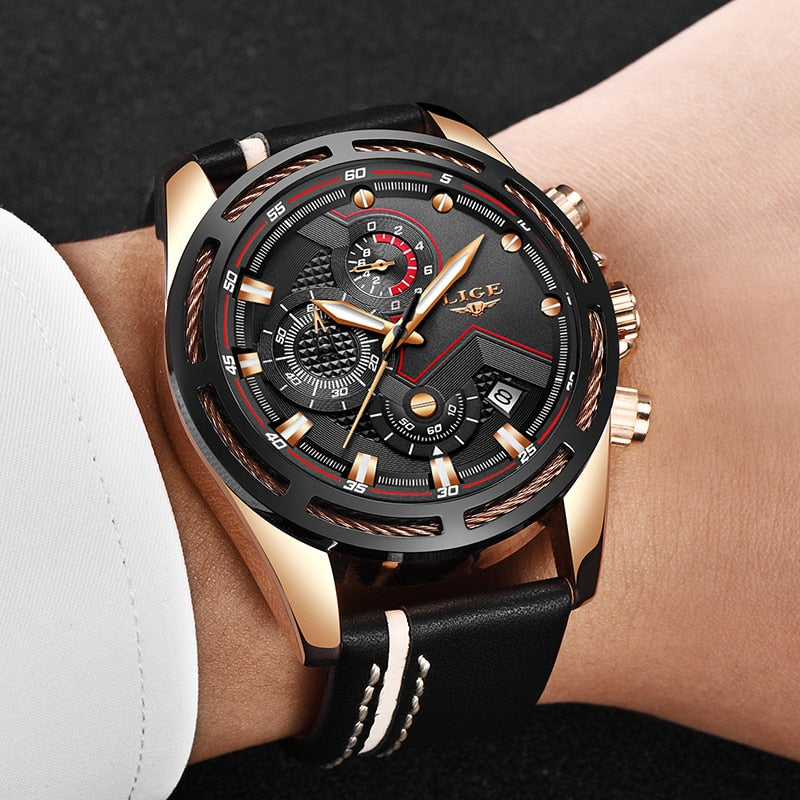 LIGE Watch Men Sport Quartz Clock Leather Mens Watches Top Brand Luxury Gold Waterproof - LaTezza Online Shop