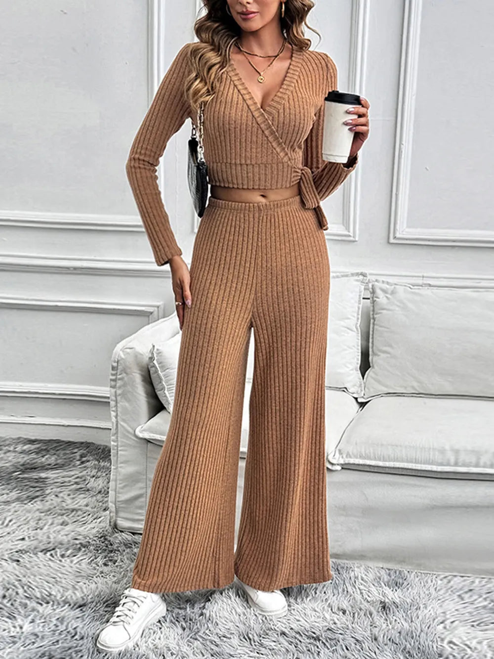 Perfee Surplice Long Sleeve Top and Pants Set - LaTezza Online Shop