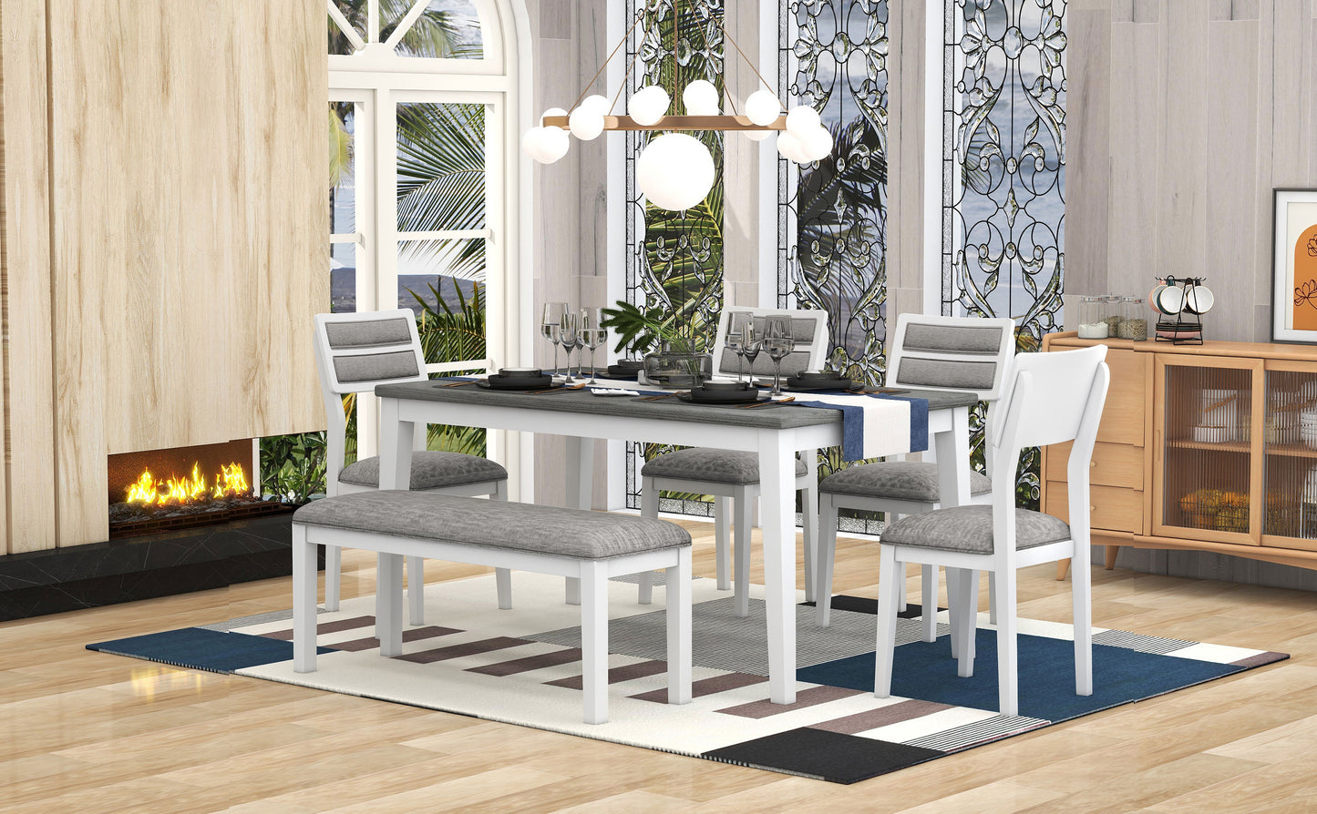 TREXM Classic and Traditional Style 6 - Piece Dining Set, Includes Dining Table 4 Upholstered Chairs & Bench (White+Gray) - LaTezza Online Shop