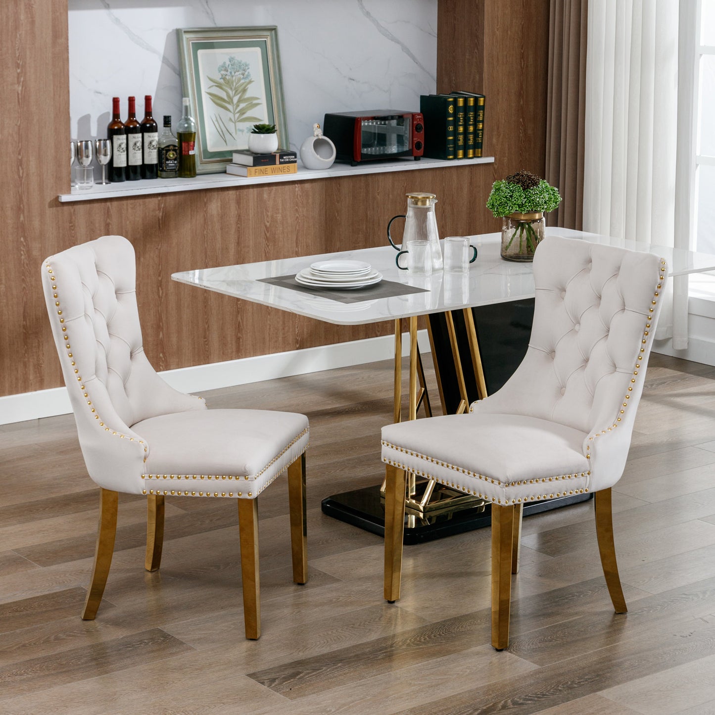 Tufted solid wood velvet soft cushion dining chair gold stainless steel plated leg nail head set of 2 pieces beige and gold - LaTezza Online Shop
