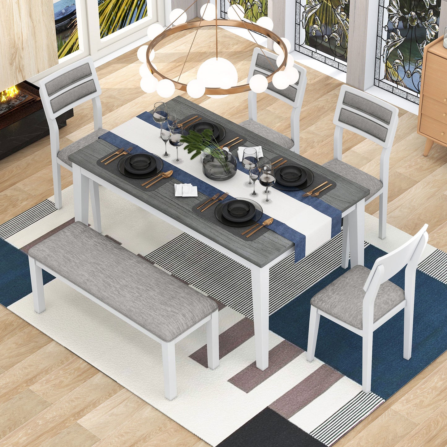TREXM Classic and Traditional Style 6 - Piece Dining Set, Includes Dining Table 4 Upholstered Chairs & Bench (White+Gray) - LaTezza Online Shop