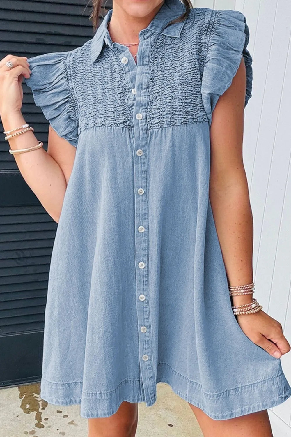 Smocked Collared Neck Cap Sleeve Denim Dress - LaTezza Online Shop