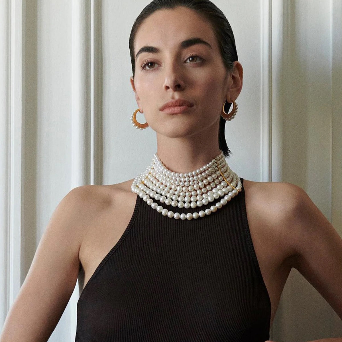 Vintage handmade multi-layer glass pearl choker necklace