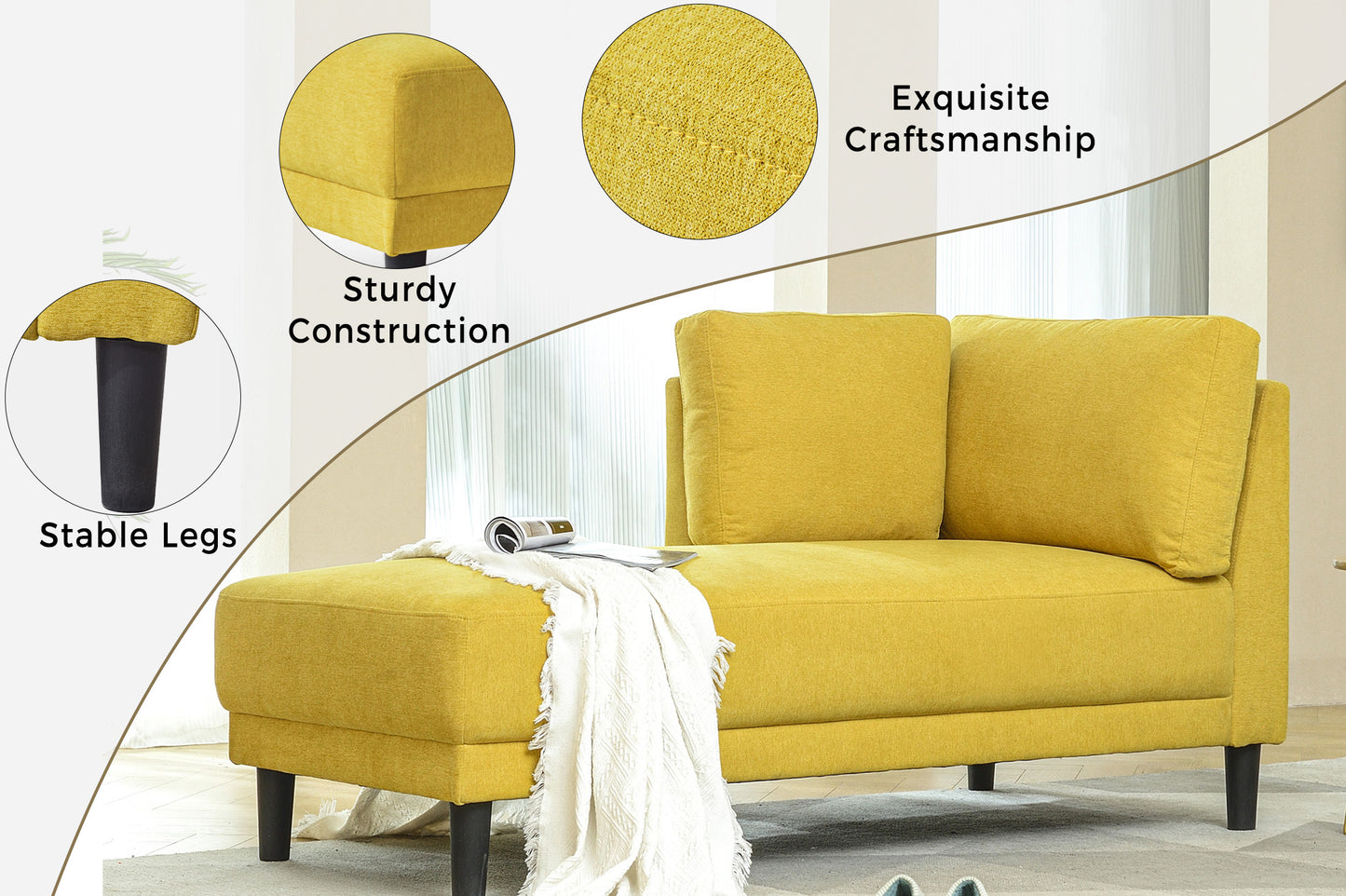 65" Mid-Century Modern Fabric Corner Lounge Chair Upholstered Indoor Chaise Lounge for Bedroom - LaTezza Online Shop