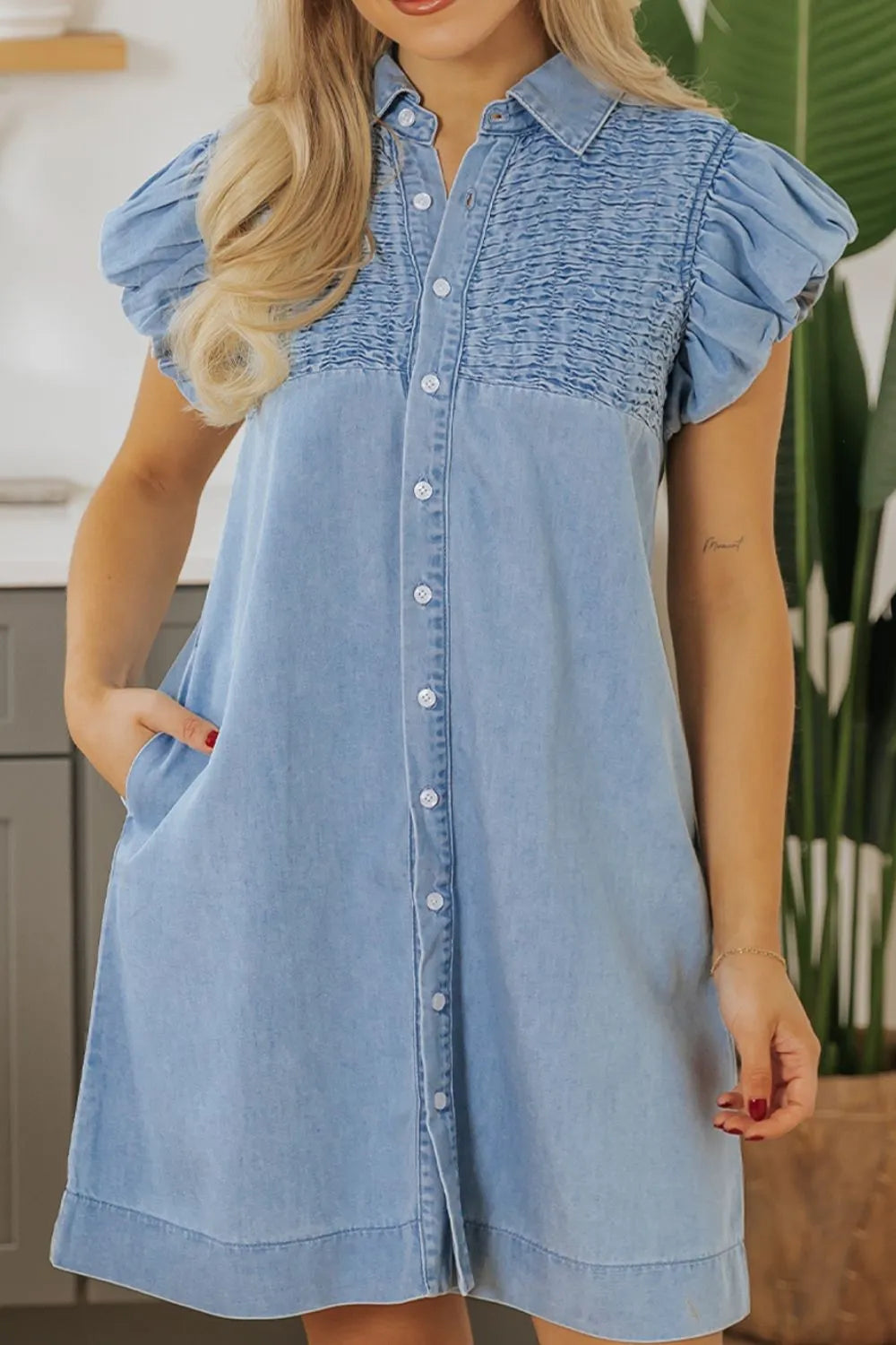 Smocked Collared Neck Cap Sleeve Denim Dress - LaTezza Online Shop