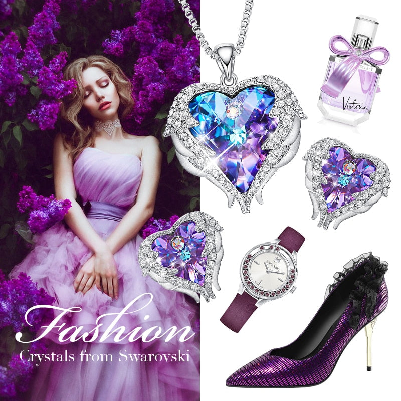 Cdyle Crystals from Swarovski Angel Wings Necklaces Earrings Purple Blue Crystal Heart Pendant Jewelry Set For Women Love Gifts - LaTezza Online Shop