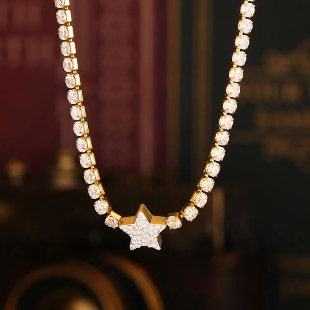 Zircon inlaid titanium steel tennis necklace star shaped pendant - LaTezza Online Shop