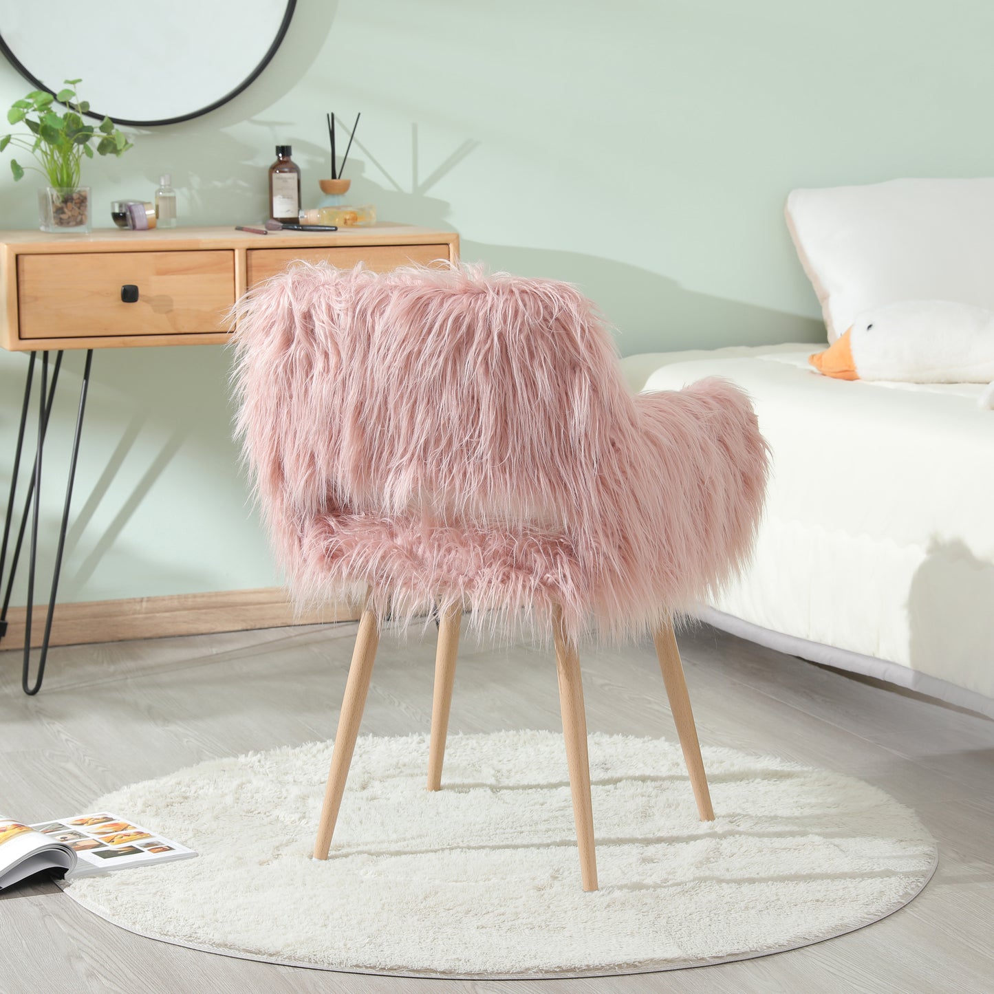PINK Faux Fur Upholstered Make up chair Side Dining Chair with Metal Leg(PINK+Beech Metal Leg) - LaTezza Online Shop