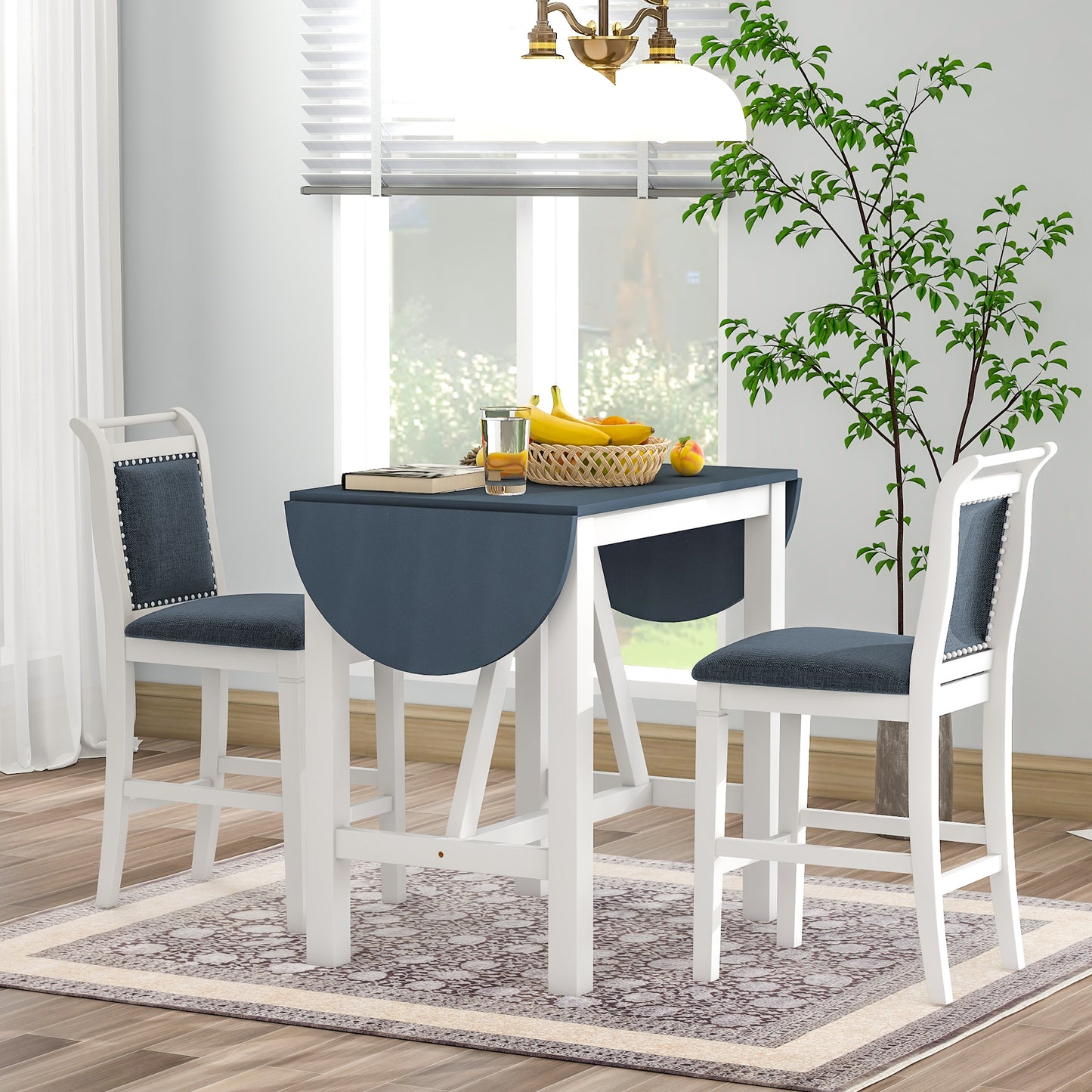 TOPMAX 3-Piece Wood Counter Height Drop Leaf Dining Table Set with 2 Upholstered Dining Chairs for Small Place White+Gray - LaTezza Online Shop