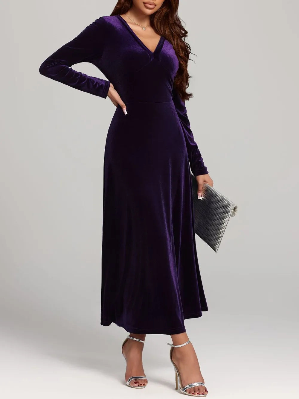 V-Neck Long Sleeve Velvet Dress - LaTezza Online Shop