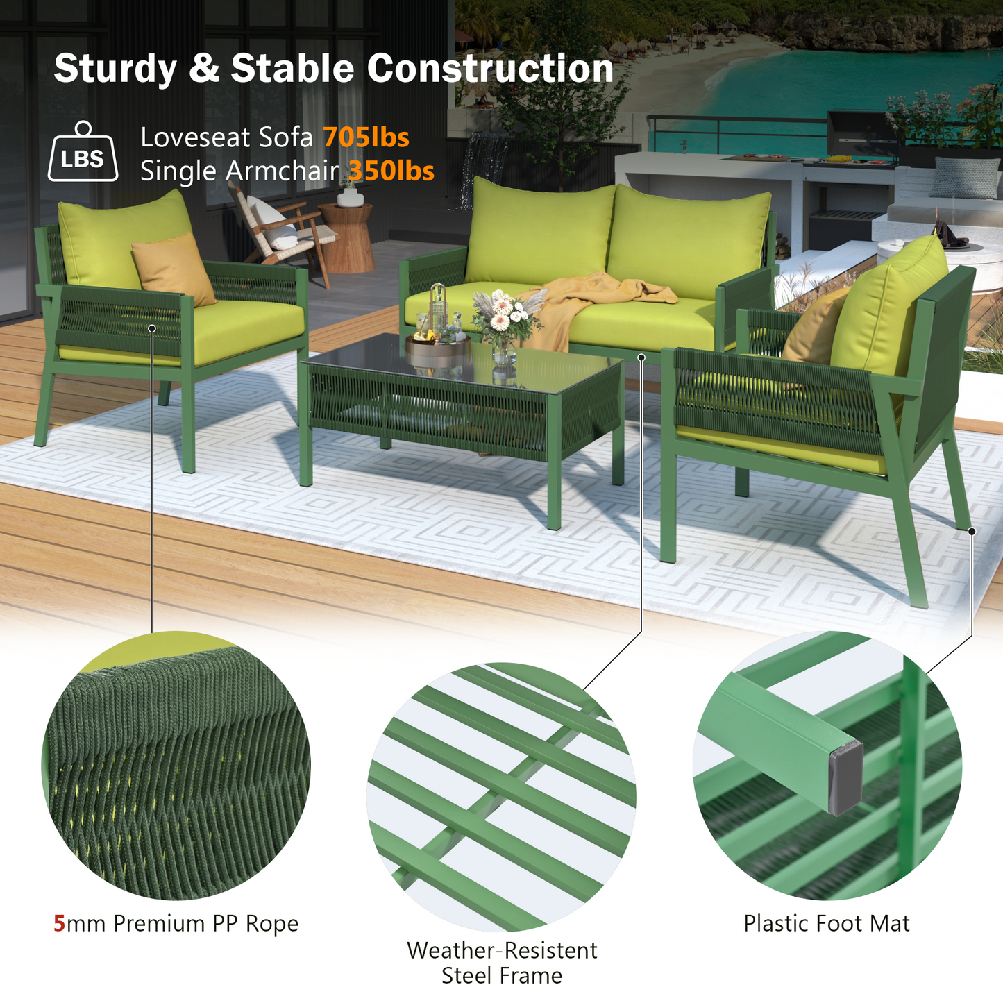 Outdoor Furniture with Tempered Glass Table, Set Deep Seating with Thick Cushion (Fluorescent Yellow & Green) - LaTezza Online Shop