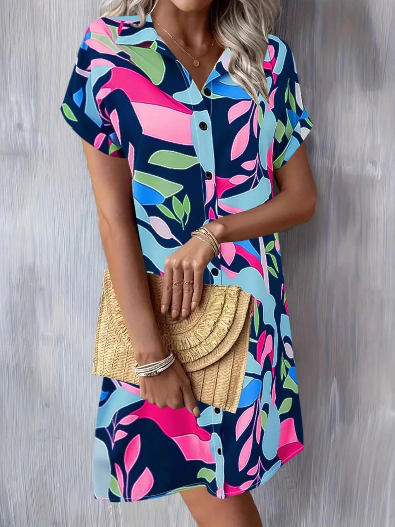 Printed Button Down Short Sleeve Dress