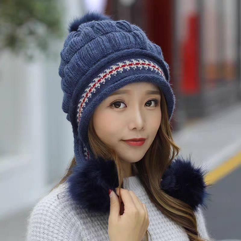 Knit Fleece-Feel Beanie With Ear Flaps & Pompom Warm Winter Hat For Women - LaTezza Online Shop