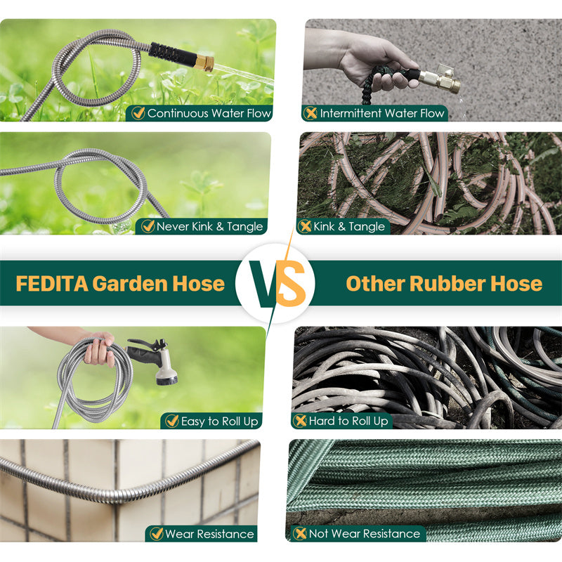 Metal Garden Hose Stainless Steel Flexible With 10 Adjustable Patterns Spray Heavy Duty 2 Nozzles