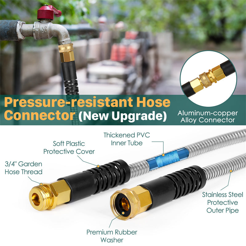 Metal Garden Hose Stainless Steel Flexible With 10 Adjustable Patterns Spray Heavy Duty 2 Nozzles