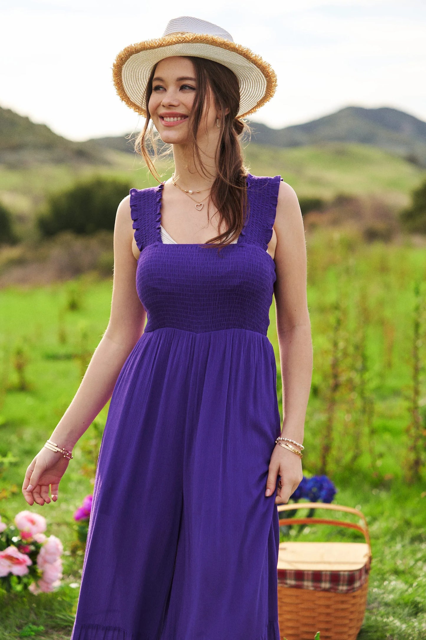 Davi & Dani Smocked Bodice Strap Ruffle Tie Belt Jumpsuit - LaTezza Online Shop