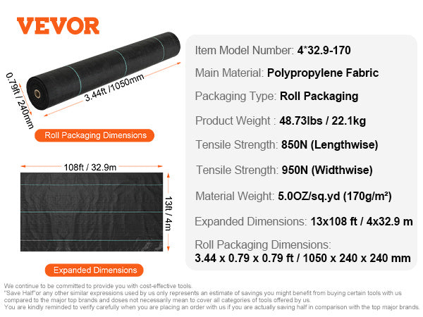 VEVOR 13FTx108FT Premium Heavy Duty Weed Barrier