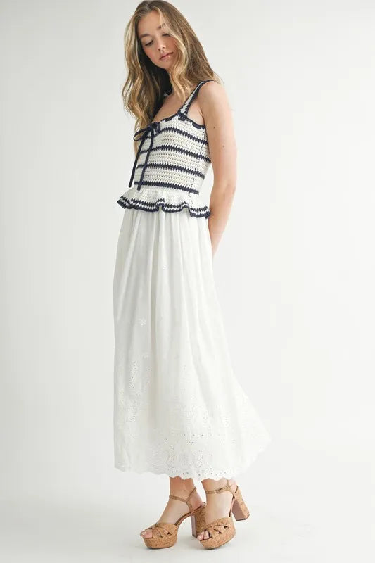 MABLE Crochet Stripe Knit Eyelet Mix Midi Dress - LaTezza Online Shop