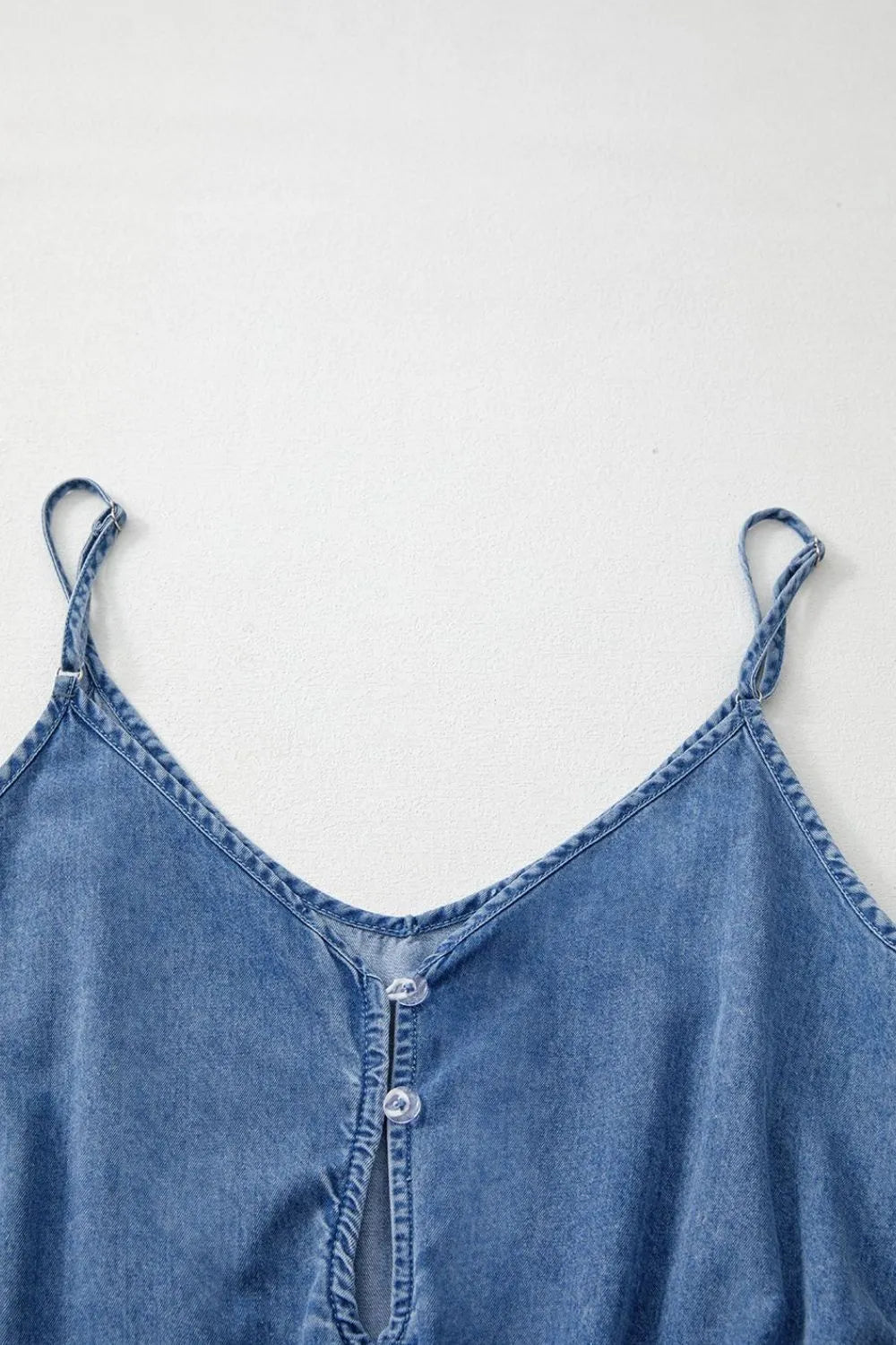 Spaghetti Straps V Neck Belted Ruffled Leg Chambray Romper - LaTezza Online Shop