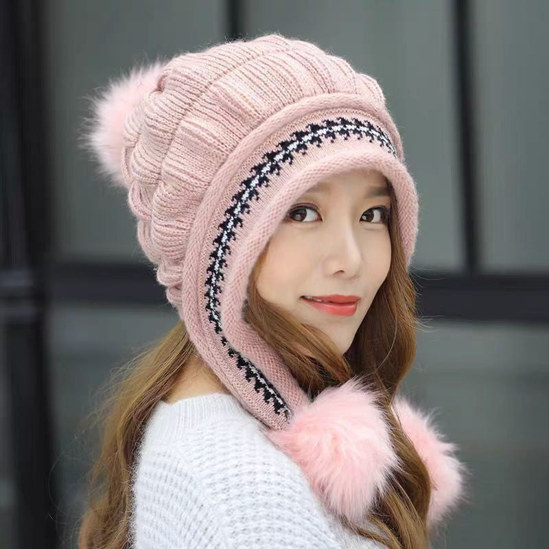 Knit Fleece-Feel Beanie With Ear Flaps & Pompom Warm Winter Hat For Women - LaTezza Online Shop