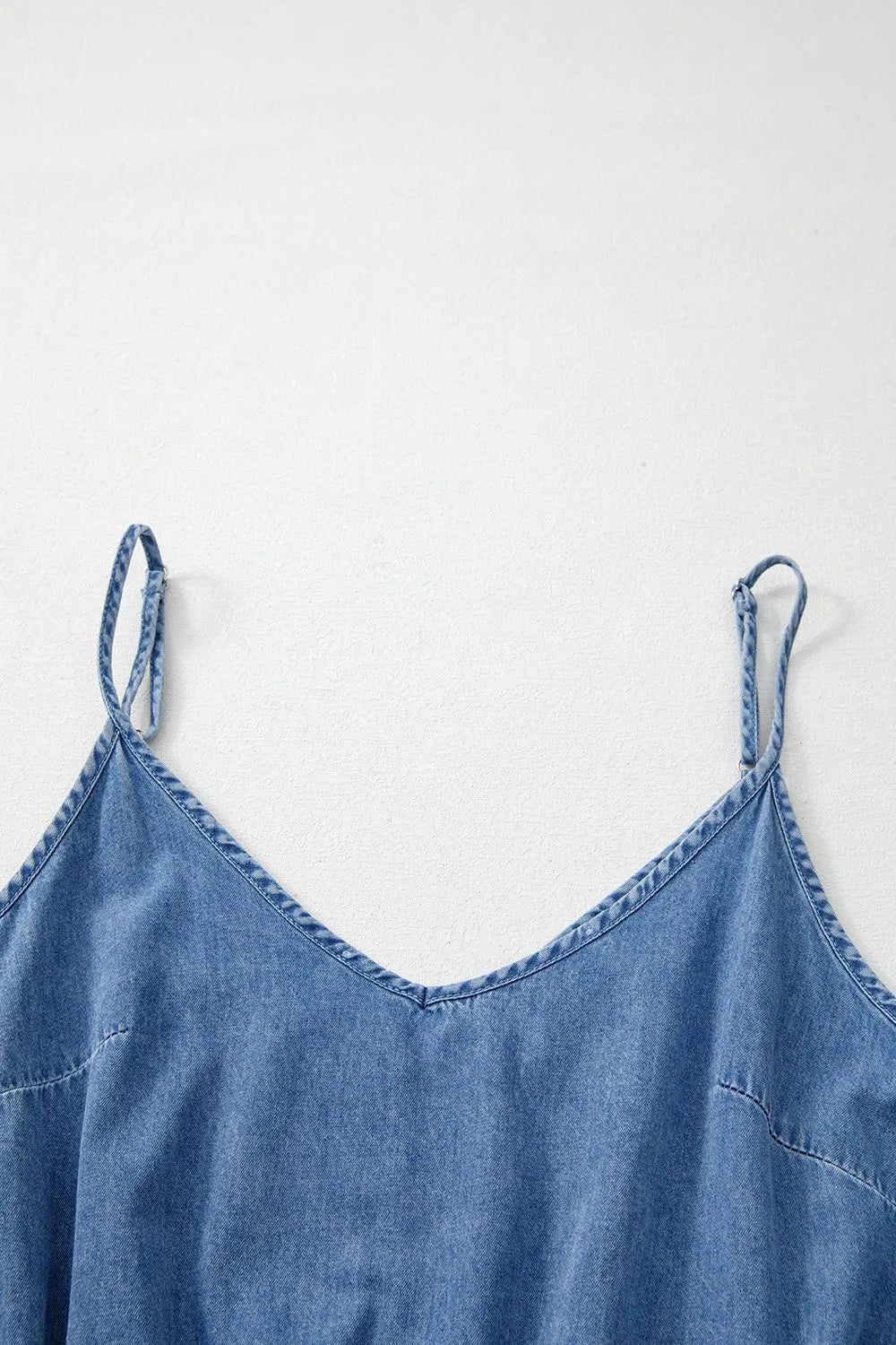 Spaghetti Straps V Neck Belted Ruffled Leg Chambray Romper - LaTezza Online Shop