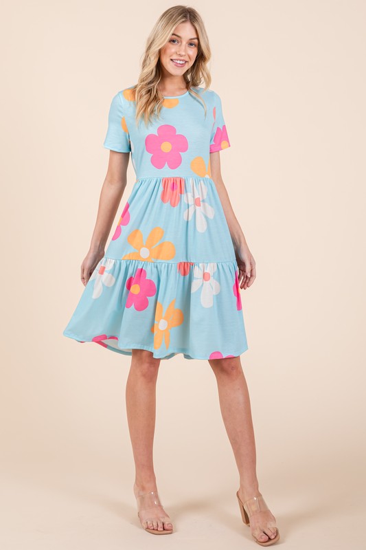 BOMBOM Floral Round Neck Short Sleeve Tiered Dress - LaTezza Online Shop