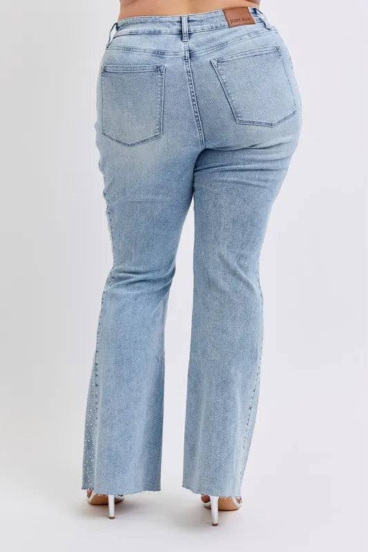 Flare Jeans Judy Blue Full Size Mid Rise Rhinestone Side Panel Detail Plus Size - LaTezza Online Shop