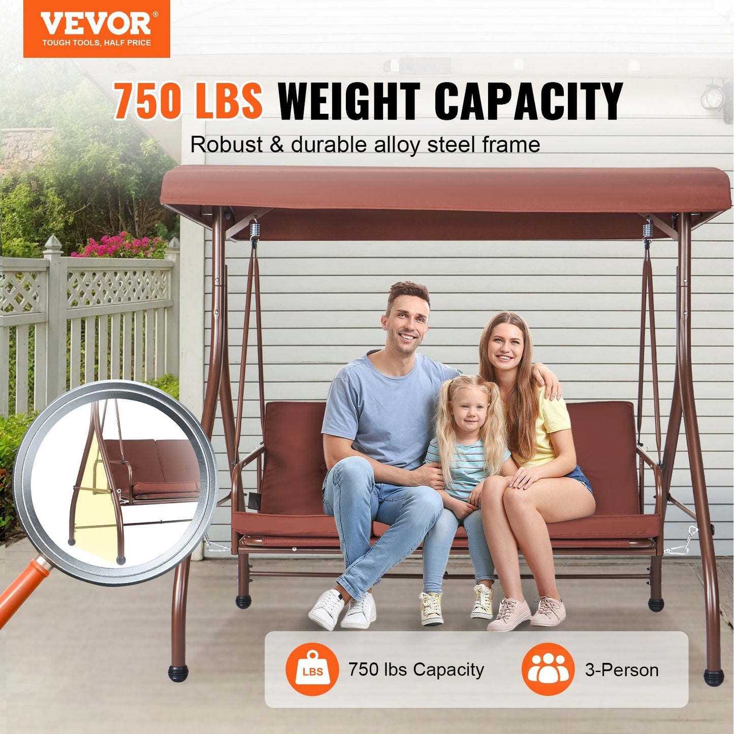 VEVOR 3-Seat Patio Swing Chair, Converting Canopy Swing, Outdoor Patio Porch With Adjustable Canopy, Removable Thick Cushion And Alloy Steel Frame, For Balcony, Backyard, Poolside, Brown - LaTezza Online Shop