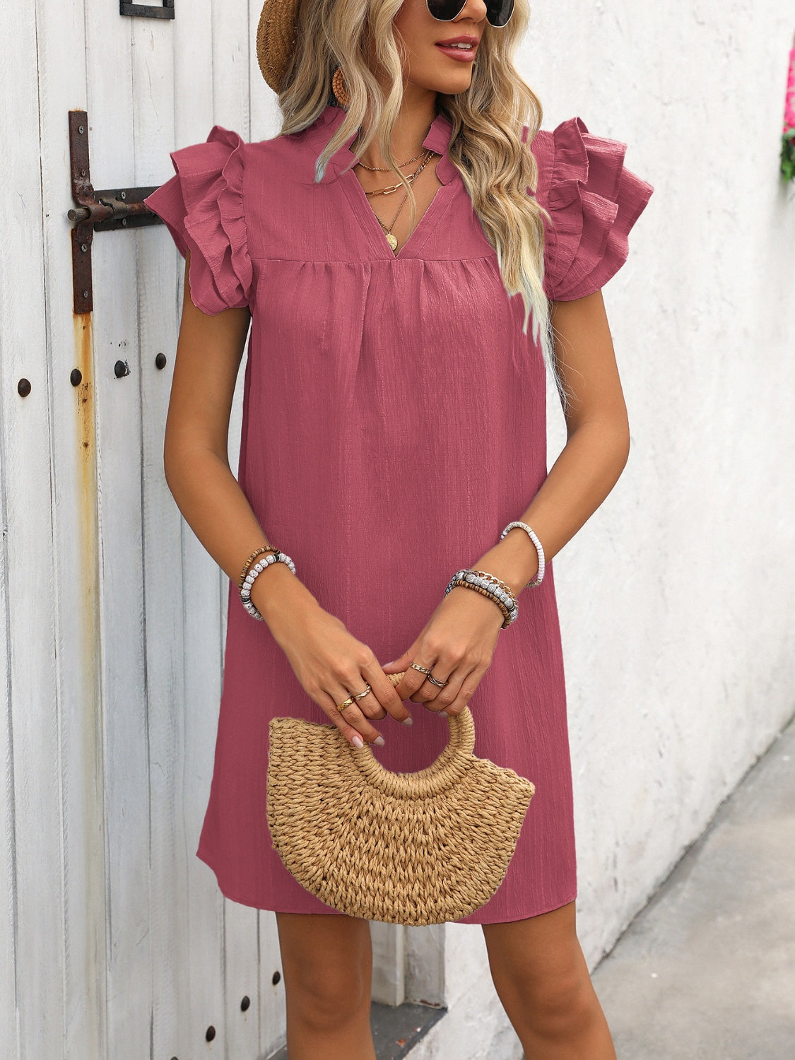 Ivy Lane Ruffled Notched Cap Sleeve Mini Dress - LaTezza Online Shop